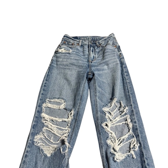 American Eagle High Rise Baggy Straight Jeans Distressed Women's Size 000 Shirt - Picture 3 of 7